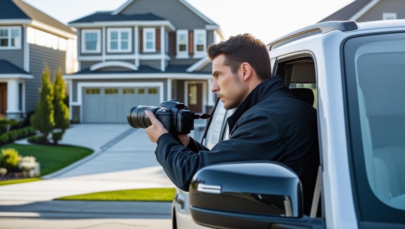 Private investigator watches house from car with camera in suburban neighborhood.