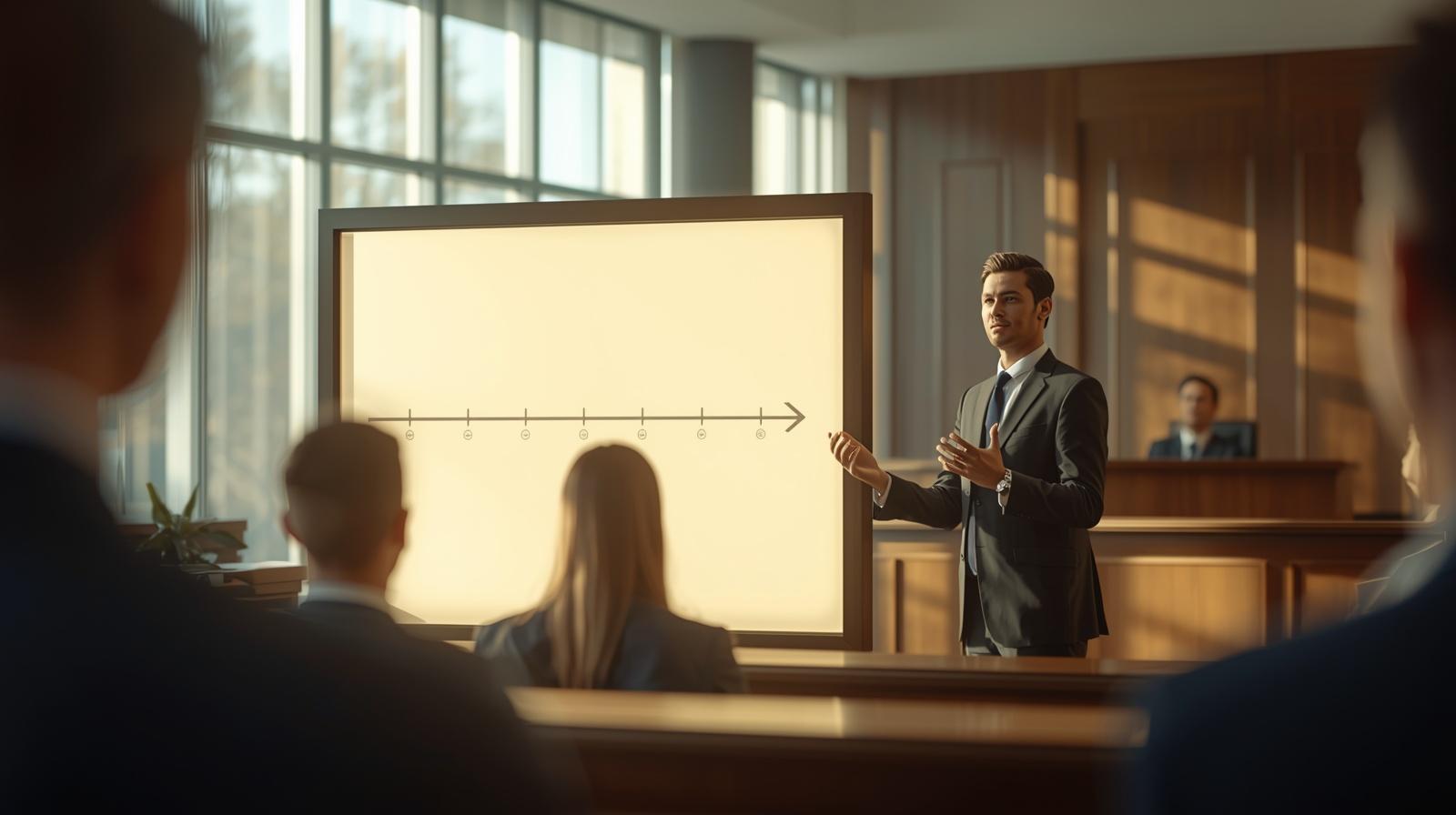 Lawyer presenting illuminated courtroom exhibit with focused jury observing attentively.