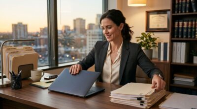 A lawyer closing a laptop after completing work, organizing documents neatly on a desk before leaving the workspace