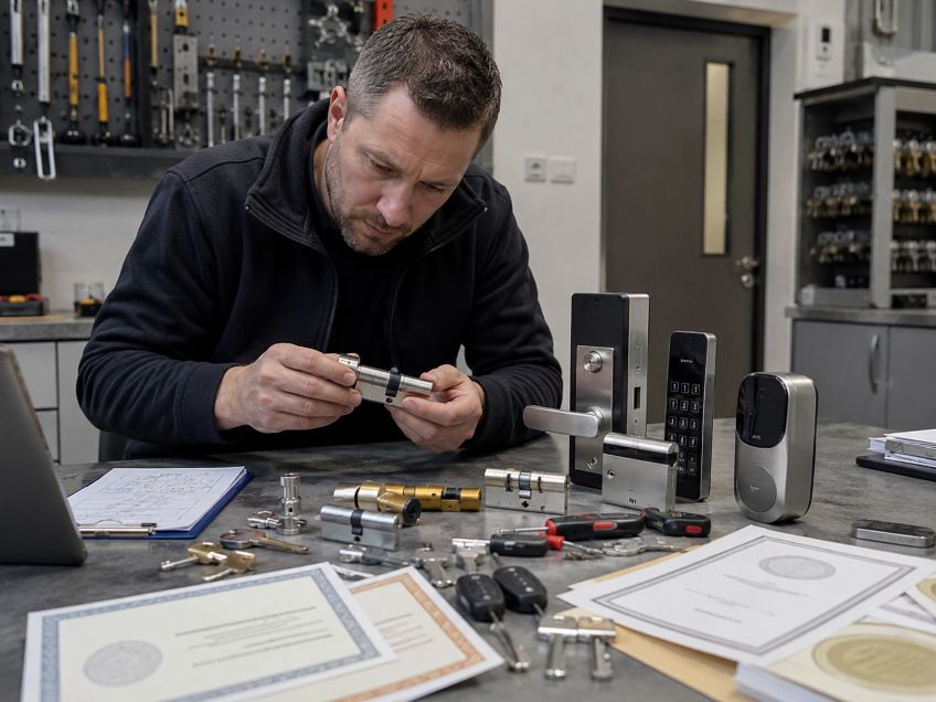locksmith examining several modern locking systems